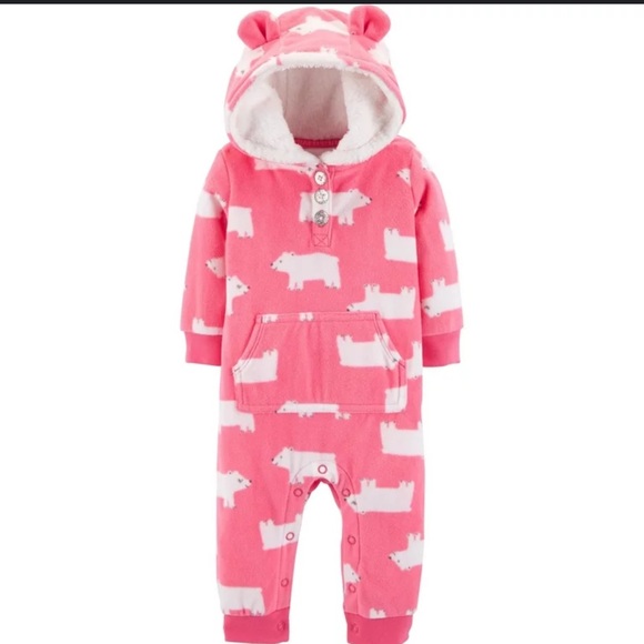 Carter's Other - Carters Pajamas Girl's Pink Polar Bear Hooded Fleece Jumpsuit Snap-Up